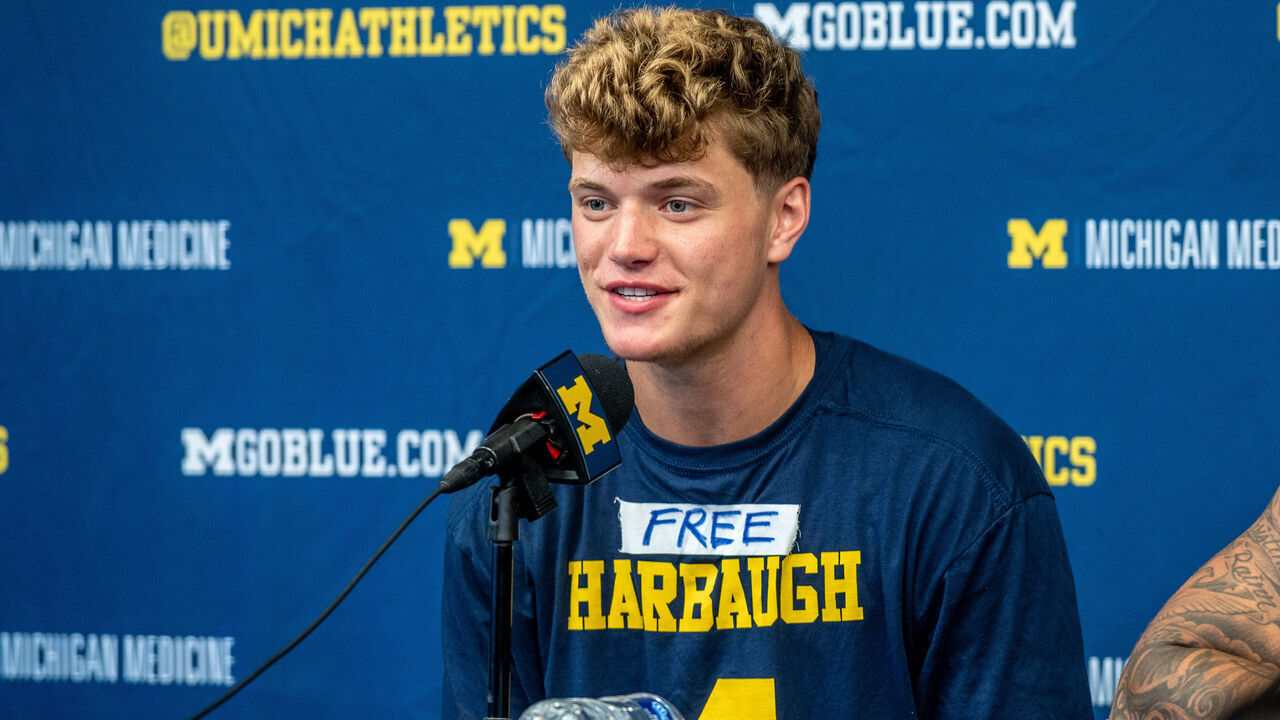 ANN ARBOR, MICHIGAN - SEPTEMBER 02: J.J. McCarthy #9 of the Michigan Wolverines speaks to media during the post game press conference after a college football game against the East Carolina Pirates at Michigan Stadium on September 02, 2023 in Ann Arbor, Michigan. The Michigan Wolverines won the game 30-3.