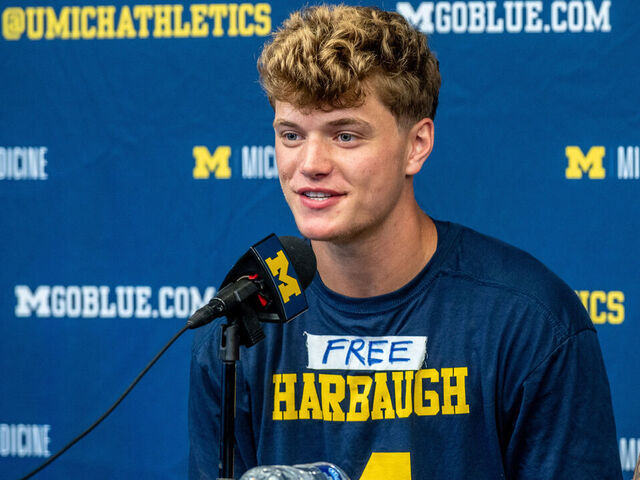 ANN ARBOR, MICHIGAN - SEPTEMBER 02: J.J. McCarthy #9 of the Michigan Wolverines speaks to media during the post game press conference after a college football game against the East Carolina Pirates at Michigan Stadium on September 02, 2023 in Ann Arbor, Michigan. The Michigan Wolverines won the game 30-3.