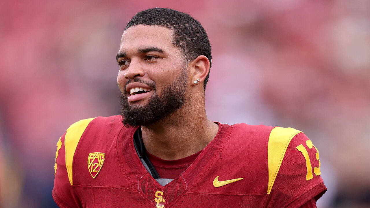 LOS ANGELES, CALIFORNIA - SEPTEMBER 02: Caleb Williams #13 of the USC Trojans looks on during warm ups prior to the game against the Nevada Wolf Pack at United Airlines Field at the Los Angeles Memorial Coliseum on September 02, 2023 in Los Angeles, California.