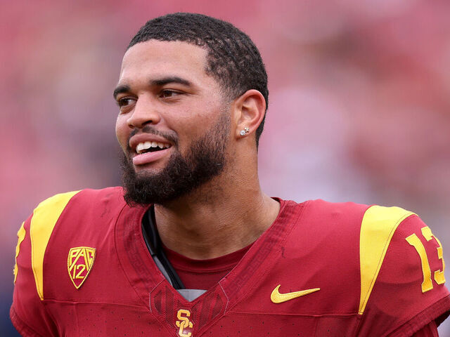 LOS ANGELES, CALIFORNIA - SEPTEMBER 02: Caleb Williams #13 of the USC Trojans looks on during warm ups prior to the game against the Nevada Wolf Pack at United Airlines Field at the Los Angeles Memorial Coliseum on September 02, 2023 in Los Angeles, California.