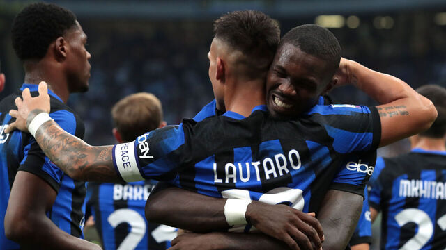 MILAN, ITALY - SEPTEMBER 03: Lautaro Martinez and Marcus Thuram of Inter celebrate during the Serie A TIM match between FC Internazionale and ACF Fiorentina at Stadio Giuseppe Meazza on September 03, 2023 in Milan, Italy.