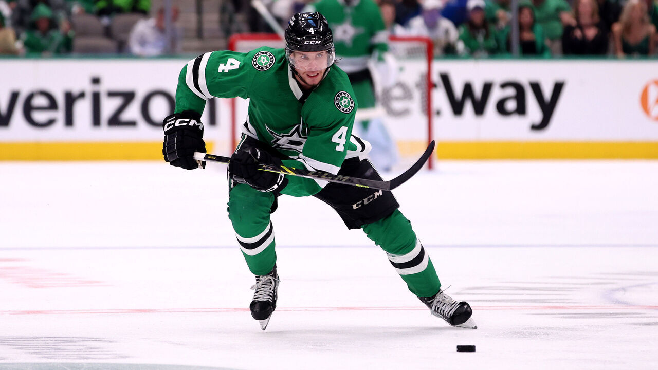 DALLAS, TEXAS - MAY 25: Miro Heiskanen #4 of the Dallas Stars skates against the Vegas Golden Knights during the third period in Game Four of the Western Conference Final of the 2023 Stanley Cup Playoffs at American Airlines Center on May 25, 2023 in Dallas, Texas.
