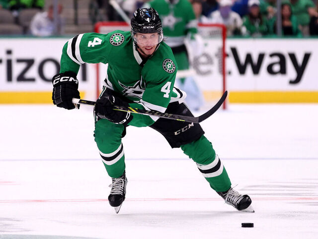 DALLAS, TEXAS - MAY 25: Miro Heiskanen #4 of the Dallas Stars skates against the Vegas Golden Knights during the third period in Game Four of the Western Conference Final of the 2023 Stanley Cup Playoffs at American Airlines Center on May 25, 2023 in Dallas, Texas.