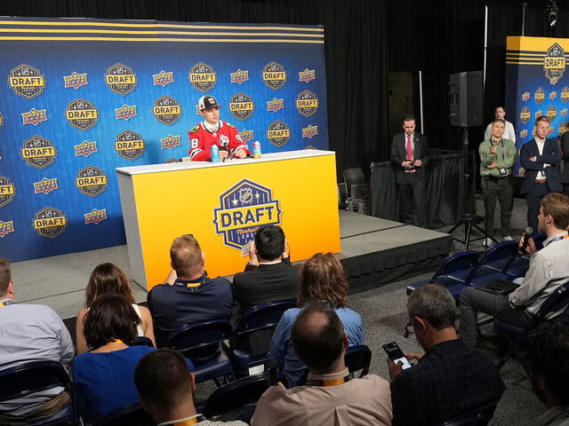 NASHVILLE, TENNESSEE - JUNE 28: Connor Bedard speaks during an interview after being selected first overall by the Chicago Blackhawks during the 2023 Upper Deck NHL Draft - Round One at Bridgestone Arena on June 28, 2023 in Nashville, Tennessee.