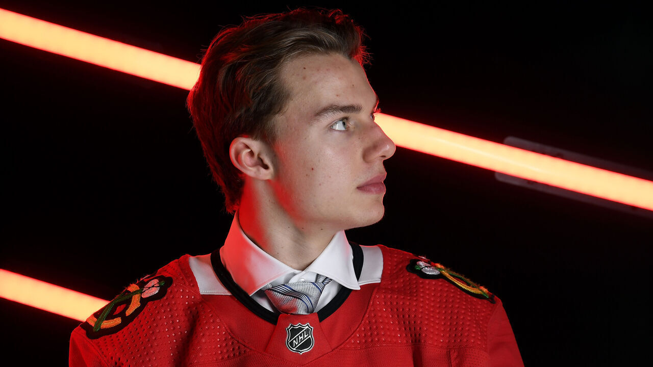 NASHVILLE, TENNESSEE - JUNE 28: Connor Bedard, first overall pick of the Chicago Blackhawks, poses for a portrait after being drafted in the 2023 Upper Deck NHL Draft at Bridgestone Arena on June 28, 2023 in Nashville, Tennessee.