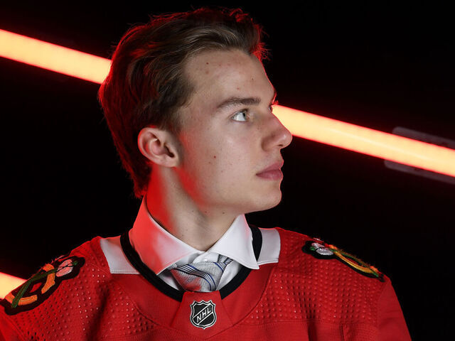 NASHVILLE, TENNESSEE - JUNE 28: Connor Bedard, first overall pick of the Chicago Blackhawks, poses for a portrait after being drafted in the 2023 Upper Deck NHL Draft at Bridgestone Arena on June 28, 2023 in Nashville, Tennessee.