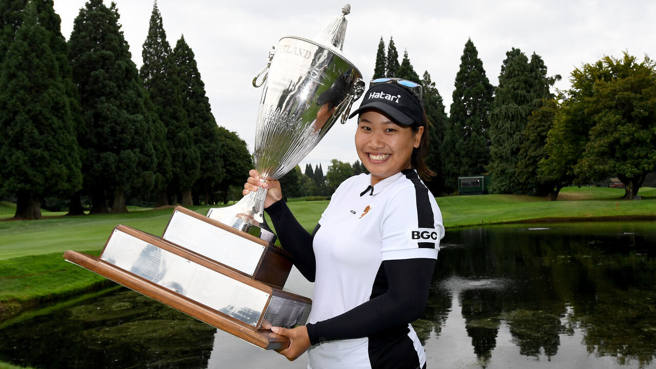 PORTLAND, OREGON - SEPTEMBER 03: Chanettee Wannasaen of Thailand poses with the championship trophy after winning the Portland Classic at Columbia Edgewater Country Club on September 03, 2023 in Portland, Oregon.