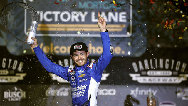 DARLINGTON, SOUTH CAROLINA - SEPTEMBER 03: Kyle Larson, driver of the #5 HendrickCars.com Chevrolet, celebrates in victory lane after winning the NASCAR Cup Series Cook Out Southern 500 at Darlington Raceway on September 03, 2023 in Darlington, South Carolina.