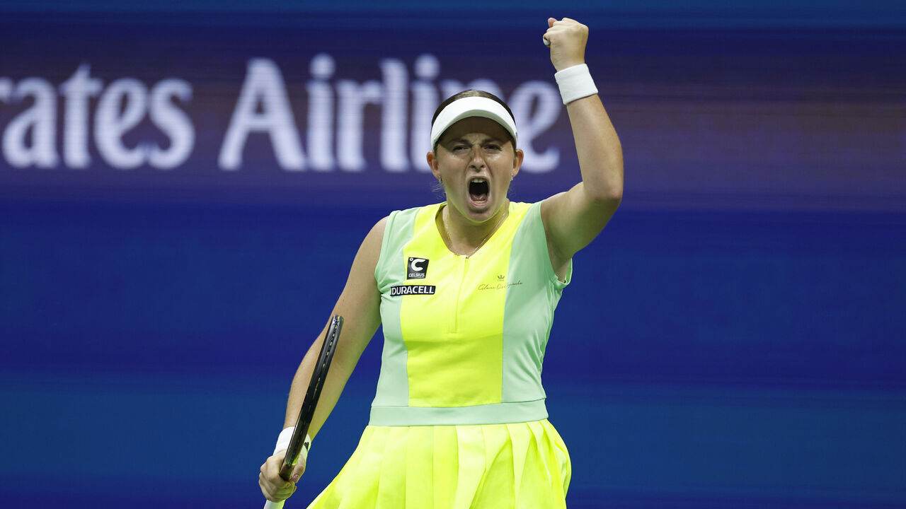NEW YORK, NEW YORK - SEPTEMBER 03: Jelena Ostapenko of Latvia reacts against Iga Swiatek of Poland during their Women's Singles Fourth Round match on Day Seven of the 2023 US Open at the USTA Billie Jean King National Tennis Center on September 03, 2023 in the Flushing neighborhood of the Queens borough of New York City.