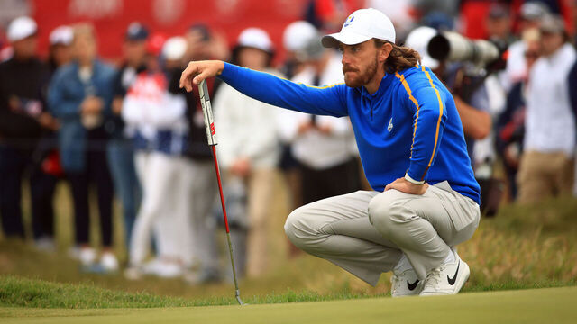 KOHLER, WISCONSIN - SEPTEMBER 24: Tommy Fleetwood of England and team Europe lines up a putt on the 15th green during Friday Afternoon Fourball Matches of the 43rd Ryder Cup at Whistling Straits on September 24, 2021 in Kohler, Wisconsin.