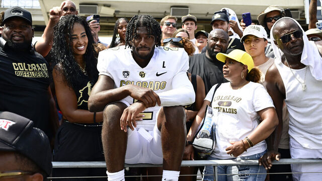 FT. WORTH, TX - SEPTEMBER 02: Colorado Buffaloes quarterback Shedeur Sanders (2) celebrates with fans after defeating the TCU Horned Frogs 45-42 at Amon G. Carter Stadium in Ft. Worth September 02, 2023.