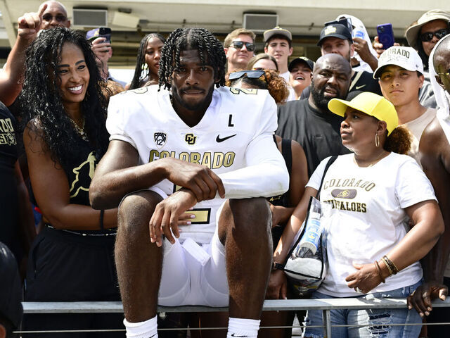 FT. WORTH, TX - SEPTEMBER 02: Colorado Buffaloes quarterback Shedeur Sanders (2) celebrates with fans after defeating the TCU Horned Frogs 45-42 at Amon G. Carter Stadium in Ft. Worth September 02, 2023.