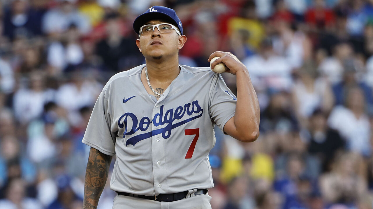 BOSTON, MA - AUGUST 26: Pitcher Julio Urias #7 of the Los Angeles Dodgers stands on the mound after giving up a three-run home run to the Boston Red Sox during the sixth inning at Fenway Park on August 26, 2023 in Boston, Massachusetts.