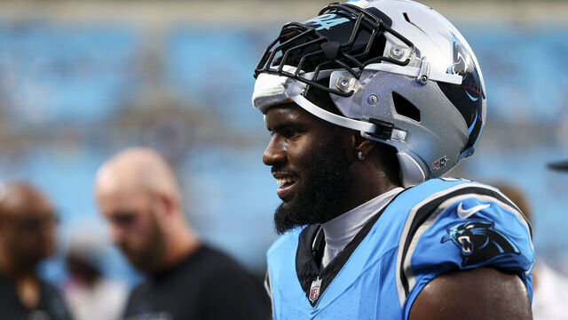 CHARLOTTE, NC - AUGUST 25: Brian Burns #0 of the Carolina Panthers smiles prior to an NFL preseason football game against the Detroit Lions at Bank of America Stadium on August 25, 2023 in Charlotte, North Carolina.