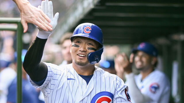 CHICAGO, ILLINOIS - SEPTEMBER 04: Seiya Suzuki #27 of the Chicago Cubs celebrates after a home run in the second inning off Logan Webb of the San Francisco Giants at Wrigley Field on September 04, 2023 in Chicago, Illinois.
