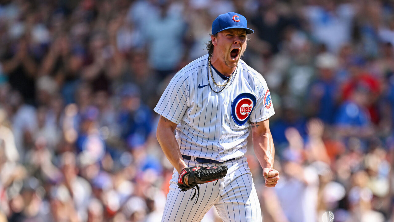 CHICAGO, ILLINOIS - SEPTEMBER 04: Justin Steele #35 of the Chicago Cubs reacts after striking out a batter to end the top of the seventh against the San Francisco Giants at Wrigley Field on September 04, 2023 in Chicago, Illinois.
