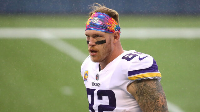SEATTLE, WASHINGTON - OCTOBER 11: Kyle Rudolph #82 of the Minnesota Vikings looks on before their game against the Seattle Seahawks at CenturyLink Field on October 11, 2020 in Seattle, Washington.