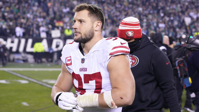 PHILADELPHIA, PA - JANUARY 29: San Francisco 49ers defensive end Nick Bosa (97) looks on during the Championship game between the San Fransisco 49ers and the Philadelphia Eagles on January 29, 2023.