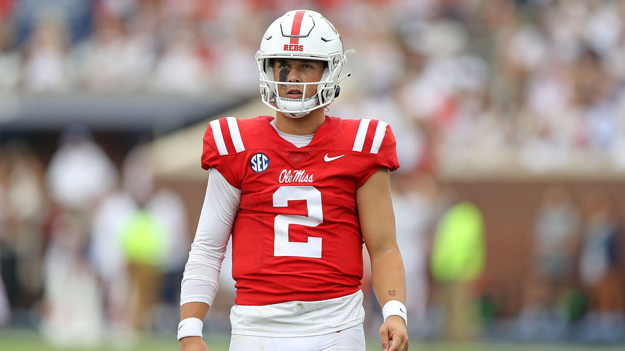 OXFORD, MISSISSIPPI - SEPTEMBER 02: Jaxson Dart #2 of the Mississippi Rebels looks on during the game against the Mercer Bears at Vaught-Hemingway Stadium on September 02, 2023 in Oxford, Mississippi.