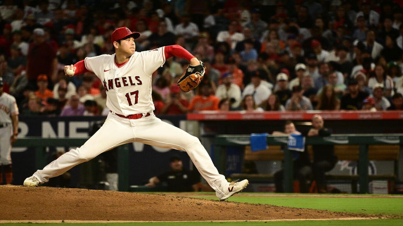Baseball: Los Angeles Angels Shohei Ohtani (17) in action, pitching vs San Francisco Giants at Angel Stadium. Anaheim, CA 8/9/2023CREDIT: Kohjiro Kinno