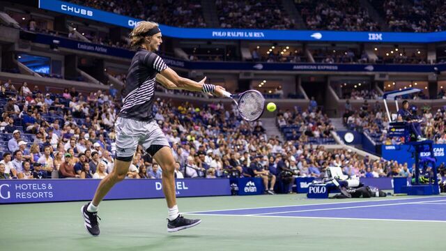 Germany's Alexander Zverev returns the ball to Italy's Jannik Sinner during the US Open tennis tournament men's singles round of 16 match at the USTA Billie Jean King National Tennis Center in New York City, on September 4, 2023.