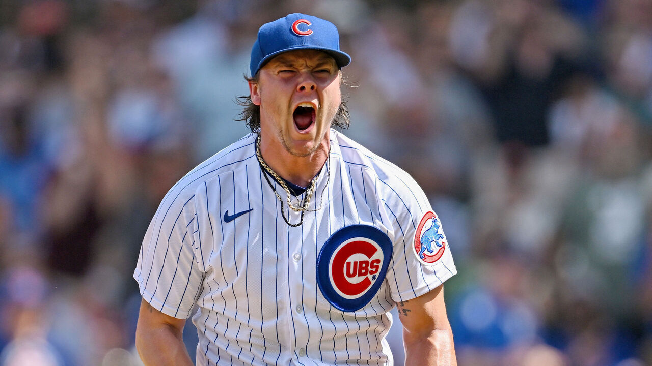 CHICAGO, ILLINOIS - SEPTEMBER 04: Justin Steele #35 of the Chicago Cubs reacts after striking out a batter to end the top of the seventh against the San Francisco Giants at Wrigley Field on September 04, 2023 in Chicago, Illinois.