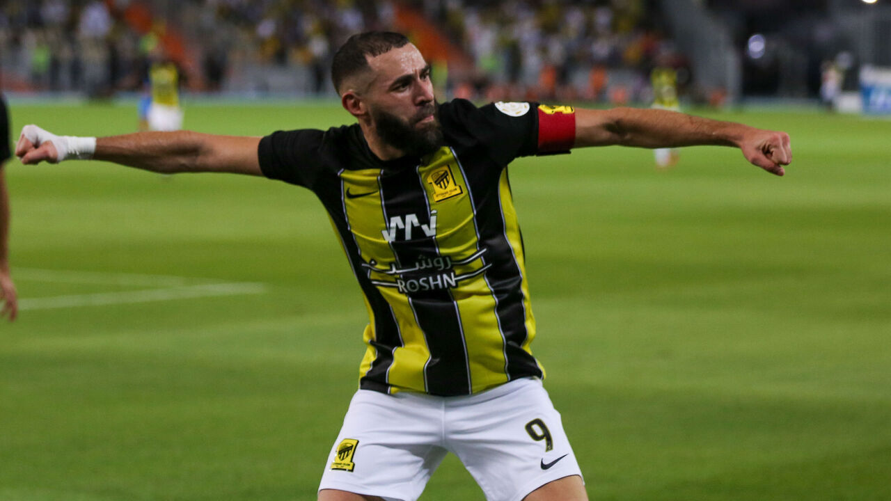 JEDDAH, SAUDI ARABIA - SEPTEMBER 1: Karim Benzema of Al-Ittihad celebrating his goal during Al Ittihad v Al Hilal in the Saudi Pro League at King Abdullah Sports City on September 1, 2023 in Jeddah, Saudi Arabia.