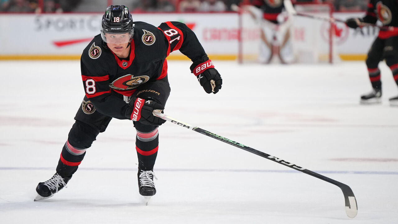 OTTAWA, CANADA - APRIL 8: Tim Stützle #18 of the Ottawa Senators skates against the Tampa Bay Lightning at Canadian Tire Centre on April 8, 2023 in Ottawa, Ontario, Canada.