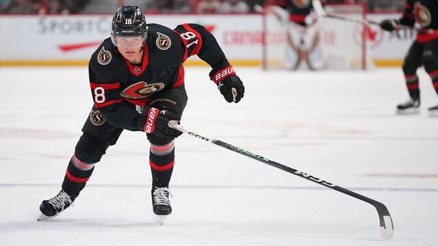 OTTAWA, CANADA - APRIL 8: Tim Stützle #18 of the Ottawa Senators skates against the Tampa Bay Lightning at Canadian Tire Centre on April 8, 2023 in Ottawa, Ontario, Canada.