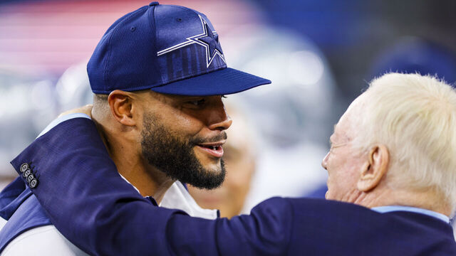 ARLINGTON, TX - AUGUST 26: Dallas Cowboys quarterback Dak Prescott (4) talks with Jerry Jones before the preseason game between the Dallas Cowboys and the Las Vegas Raiders on August 26, 2023 at AT&T Stadium in Arlington, Texas.
