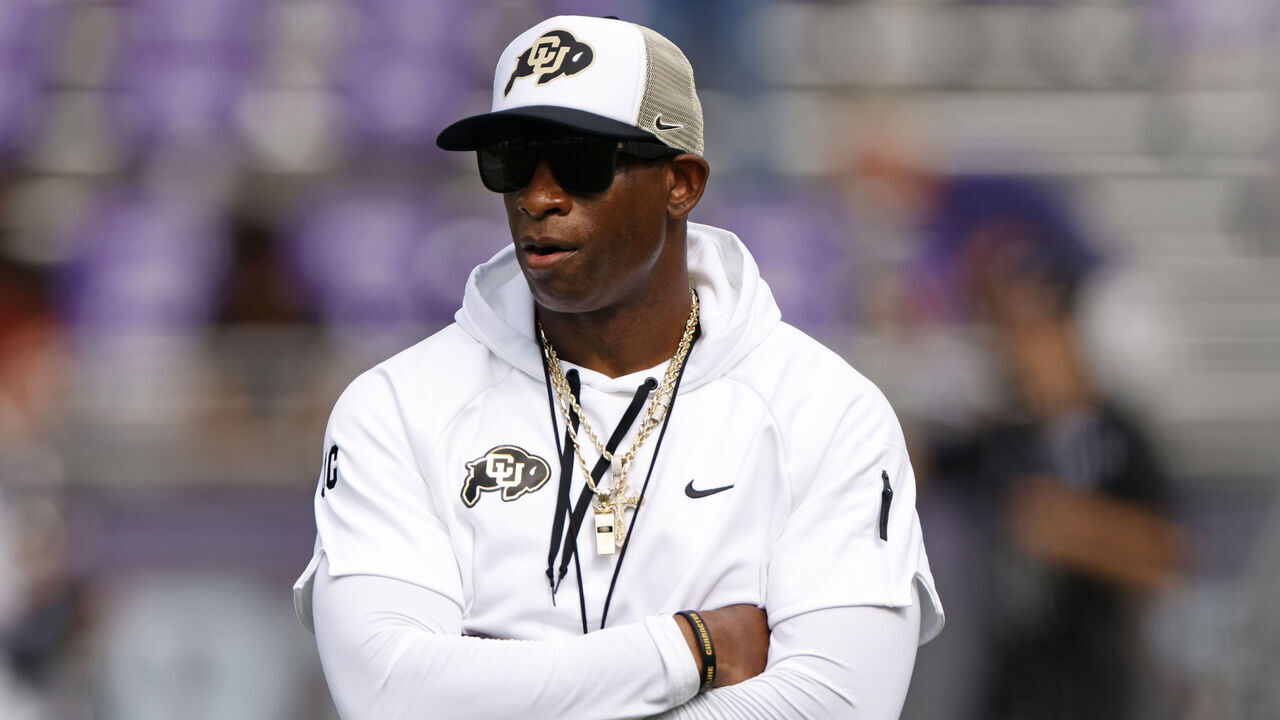 FORT WORTH, TX - SEPTEMBER 2: Head coach Deion Sanders of the Colorado Buffaloes walks the field before the game between the TCU Horned Frogs and the Colorado Buffaloes at Amon G. Carter Stadium on September 2, 2023 in Fort Worth, Texas.