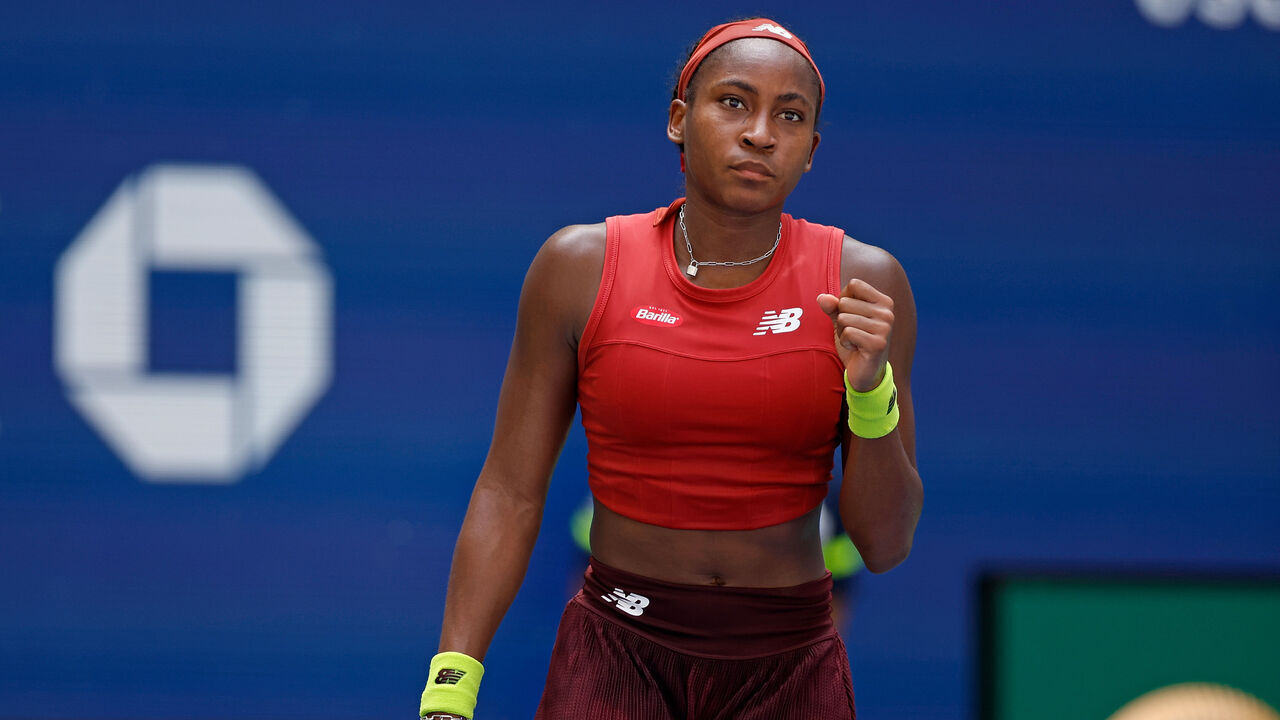 NEW YORK, NEW YORK - SEPTEMBER 05: Coco Gauff of the United States reacts during her Women's Singles Quarterfinal match against Jelena Ostapenko of Latvia on Day Nine of the 2023 US Open at the USTA Billie Jean King National Tennis Center on September 05, 2023 in the Flushing neighborhood of the Queens borough of New York City.
