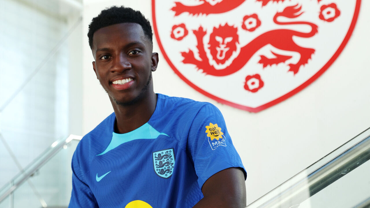 BURTON UPON TRENT, ENGLAND - SEPTEMBER 04: Eddie Nketiah of England poses for a photograph at St George's Park on September 04, 2023 in Burton upon Trent, England.