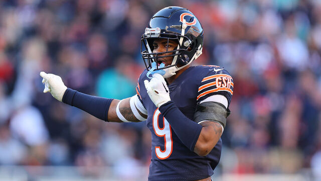 CHICAGO, ILLINOIS - NOVEMBER 06: Jaquan Brisker #9 of the Chicago Bears react against the Miami Dolphins at Soldier Field on November 06, 2022 in Chicago, Illinois.
