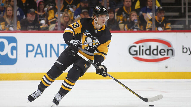PITTSBURGH, PA - NOVEMBER 26: Danton Heinen #43 of the Pittsburgh Penguins in action against the Toronto Maple Leafs during the game at PPG PAINTS Arena on November 26, 2022 in Pittsburgh, Pennsylvania.