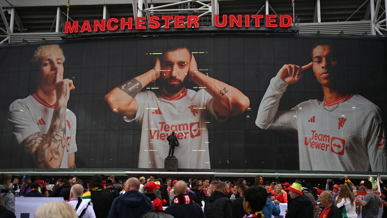 MANCHESTER, ENGLAND - AUGUST 14: General view outside the stadium prior to the Premier League match between Manchester United and Wolverhampton Wanderers at Old Trafford on August 14, 2023 in Manchester, England.