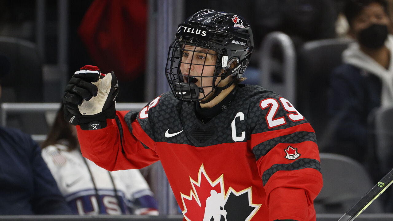 SEATTLE, WASHINGTON - NOVEMBER 20: Marie-Philip Poulin #29 of Team Canada celebrates her goal during the first period against United States of America at Climate Pledge Arena on November 20, 2022 in Seattle, Washington.