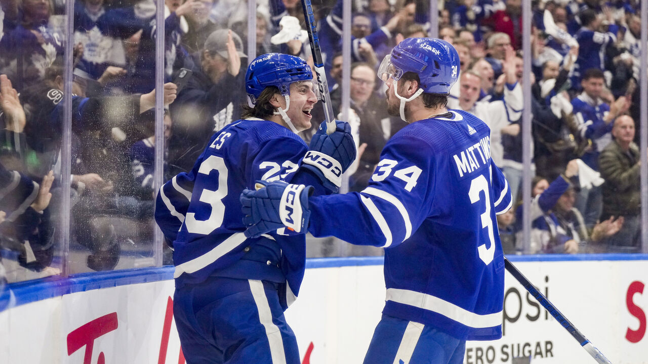 TORONTO, ON - MAY 2: Matthew Knies #23 of the Toronto Maple Leafs celebrates his goal against the Florida Panthers with teammate Auston Matthews #34 during the second period in Game One of the Second Round of the 2023 Stanley Cup Playoffs at the Scotiabank Arena on May 2, 2023 in Toronto, Ontario, Canada.