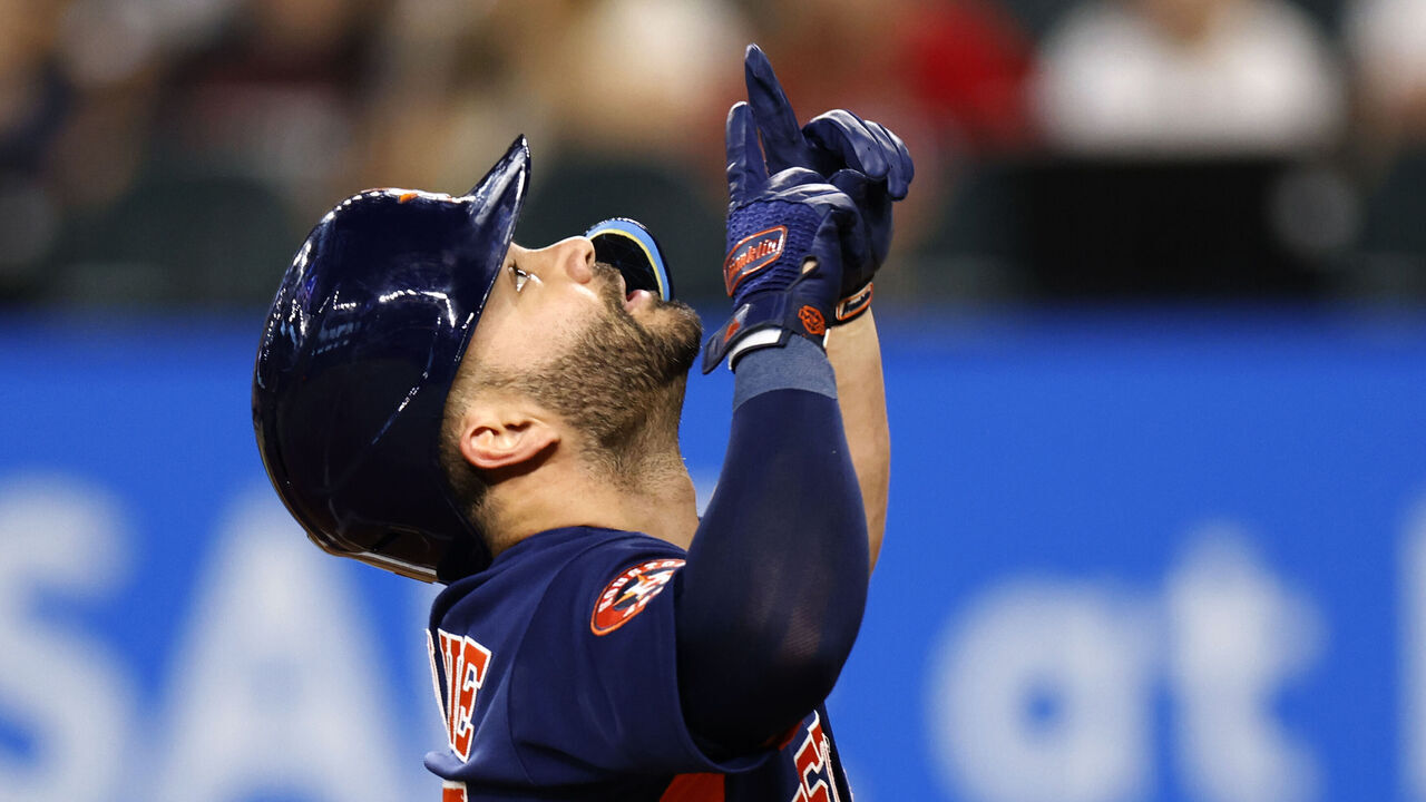 ARLINGTON, TX - SEPTEMBER 5: Jose Altuve #27 of the Houston Astros celebrates after hitting a lead-off home run against the Texas Rangers during the first inning at Globe Life Field on September 5, 2023 in Arlington, Texas.