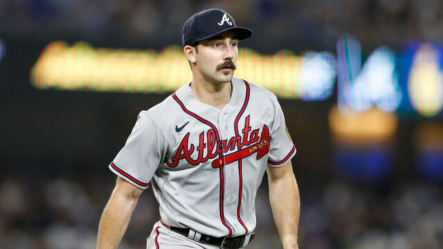 LOS ANGELES, CALIFORNIA - AUGUST 31: Spencer Strider #99 of the Atlanta Braves tosses the ball to first on a ground out during the third inning against the Los Angeles Dodgers at Dodger Stadium on August 31, 2023 in Los Angeles, California.