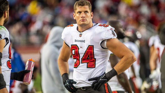 SANTA CLARA, CA - DECEMBER 11: Tampa Bay Buccaneers outside linebacker Carl Nassib (94) on the sidelines in the fourth quarter of an NFL game between the San Francisco 49ers and Tampa Bay Buccaneers on December 11, 2022, at Levis Stadium, in Santa Clara, CA.