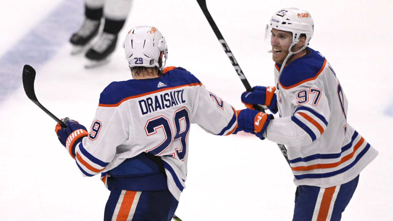 Los Angeles, CA - April 29: Connor McDavid #97 of the Edmonton Oilers celebrates with teammate Leon Draisaitl #29 of the Edmonton Oilers after defeating the Los Angeles Kings 5-4 to win game 6 and the series of a a first round NHL Western Conference playoff hockey game at Crypto.com Arena in Los Angeles on Saturday, April 29, 2023.