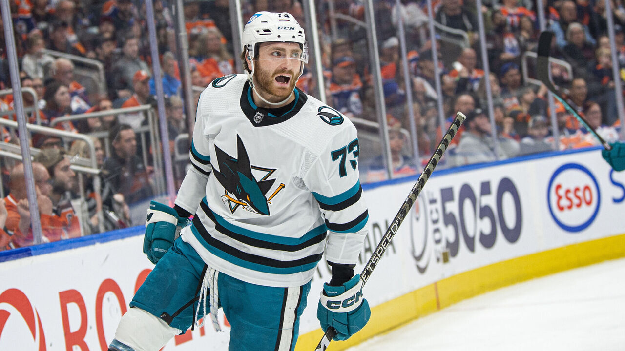 EDMONTON, ALBERTA - APRIL 13: Noah Gregor #73 of the San Jose Sharks celebrates his goal against the Edmonton Oilers during the first period at Rogers Place on April 13, 2023 in Edmonton, Alberta, Canada.