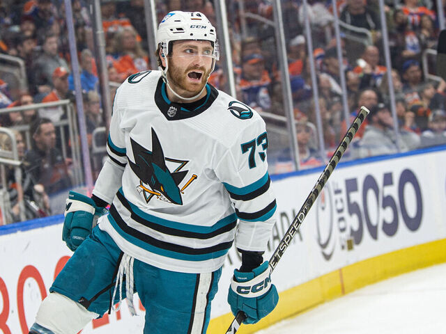 EDMONTON, ALBERTA - APRIL 13: Noah Gregor #73 of the San Jose Sharks celebrates his goal against the Edmonton Oilers during the first period at Rogers Place on April 13, 2023 in Edmonton, Alberta, Canada.