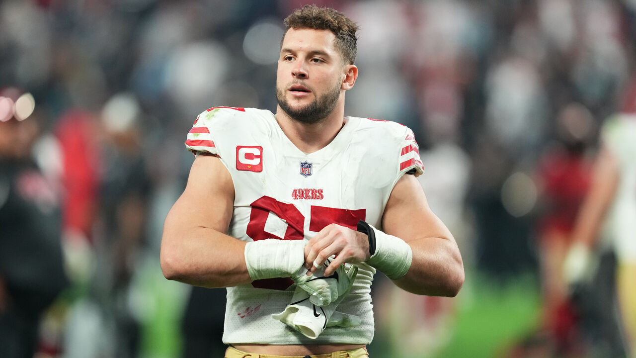 LAS VEGAS, NEVADA - JANUARY 01: Defensive end Nick Bosa #97 of the San Francisco 49ers walks off the field after his team's victory against the Las Vegas Raiders at Allegiant Stadium on January 01, 2023 in Las Vegas, Nevada. The 49ers defeated the Raiders 37-34 in overtime.