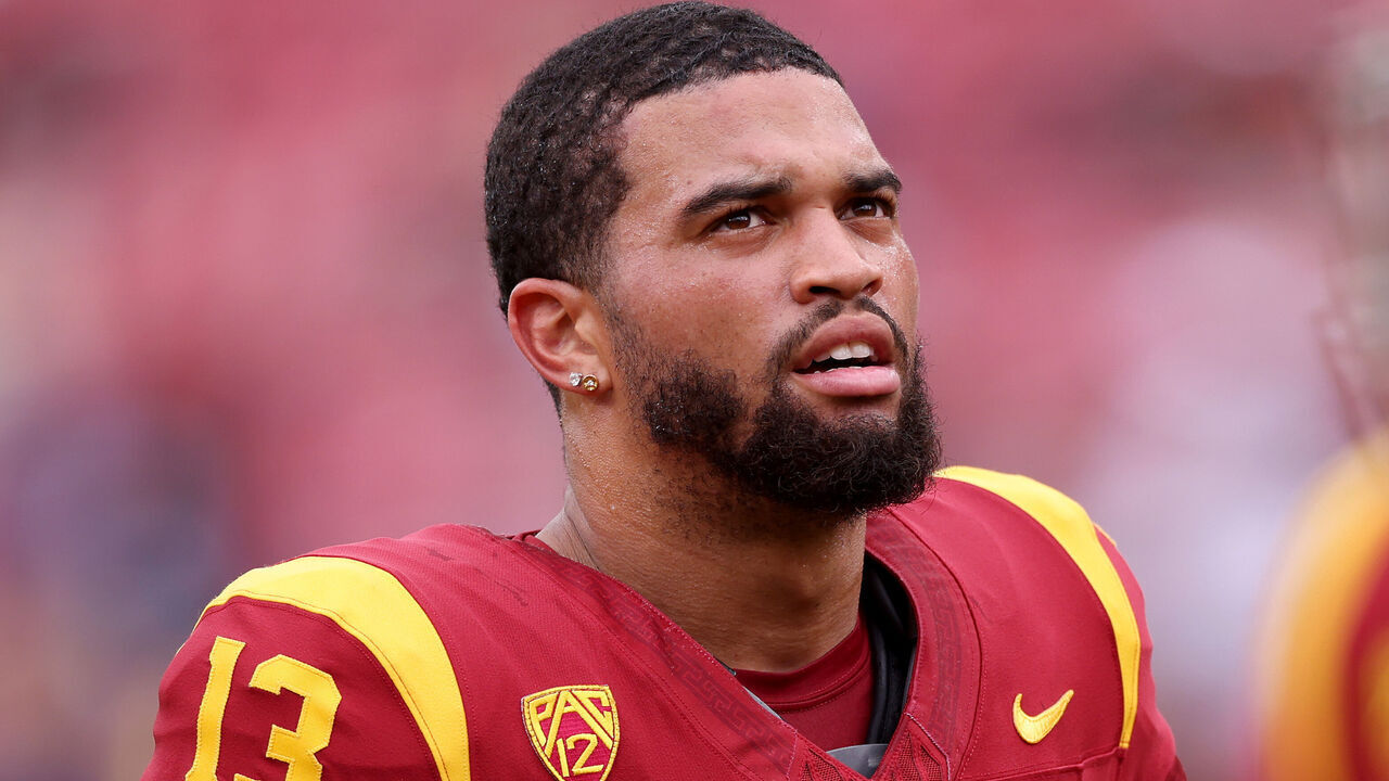 LOS ANGELES, CALIFORNIA - SEPTEMBER 02: Caleb Williams #13 of the USC Trojans looks on during warm ups prior to the game against the Nevada Wolf Pack at United Airlines Field at the Los Angeles Memorial Coliseum on September 02, 2023 in Los Angeles, California.