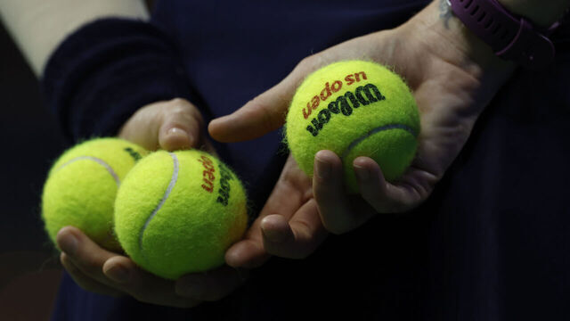 NEW YORK, NEW YORK - SEPTEMBER 05: A detailed view of balls in the hands of a ball runner during the Men's Singles Quarterfinal match on Day Nine of the 2023 US Open at the USTA Billie Jean King National Tennis Center on September 05, 2023 in the Flushing neighborhood of the Queens borough of New York City.
