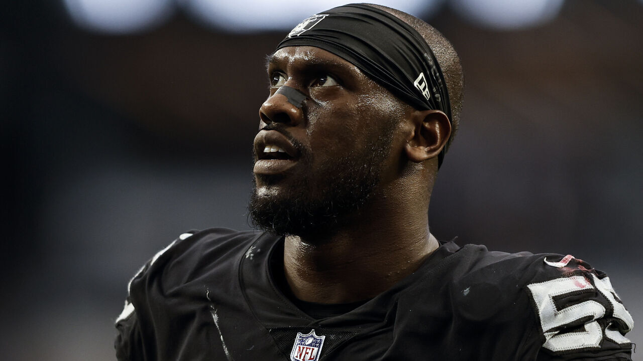 LAS VEGAS, NEVADA - DECEMBER 18: Chandler Jones #55 of the Las Vegas Raiders looks on during an NFL football game between the Las Vegas Raiders and the New England Patriots at Allegiant Stadium on December 18, 2022 in Las Vegas, Nevada.