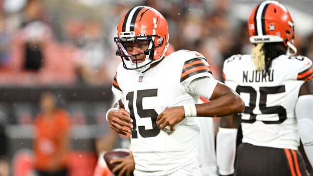 CLEVELAND, OHIO - AUGUST 11: Joshua Dobbs #15 of the Cleveland Browns warms up prior to a preseason game against the Washington Commanders at Cleveland Browns Stadium on August 11, 2023 in Cleveland, Ohio.