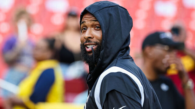 LANDOVER, MD - AUGUST 21: Odell Beckham Jr. #3 of the Baltimore Ravens warms up before the preseason game against the Washington Commanders at FedExField on August 21, 2023 in Landover, Maryland.